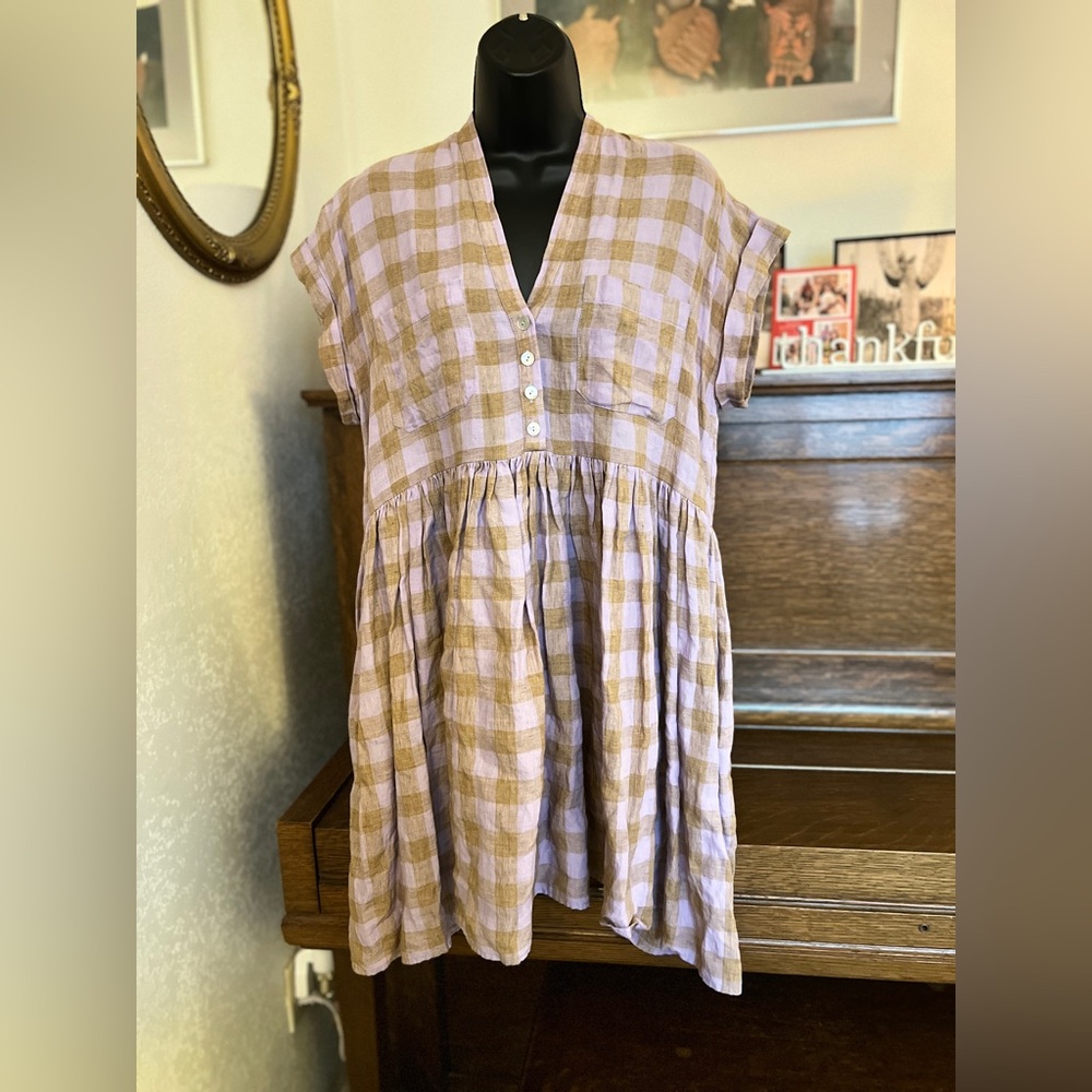 Heinui Linen Plaid V-Neck Button-Down Dress